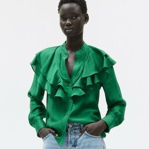 H&M| Green Flounced V-Neck Long Sleeve Blouse Top Sz XS Brand NEW w/Tags